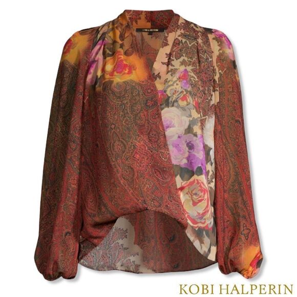 KOBI HALPERIN **NWT** Cleo Paisley-Print Blouson-Sleeve Blouse in Papaya Multi - Picture 2 of 15